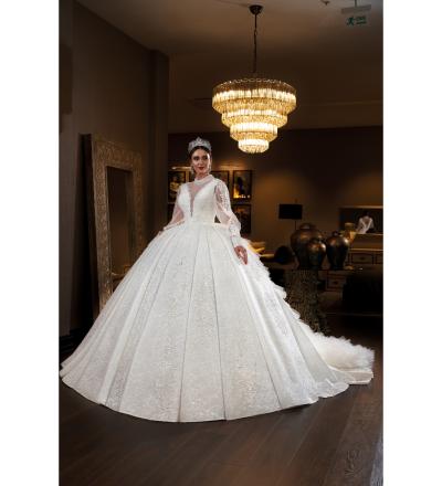 Derin V Yaka Balon Kol Prenses Gelinlik