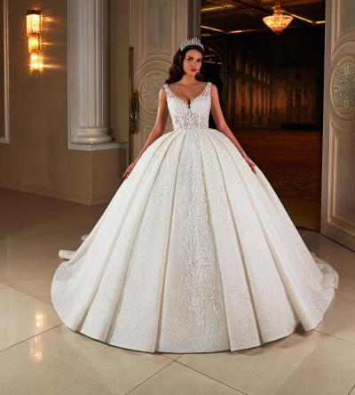 Derin V Yaka Pileli Prenses Gelinlik