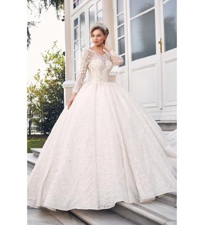 İllüzyon Yaka Uzun Kollu A Kesim Gelinlik