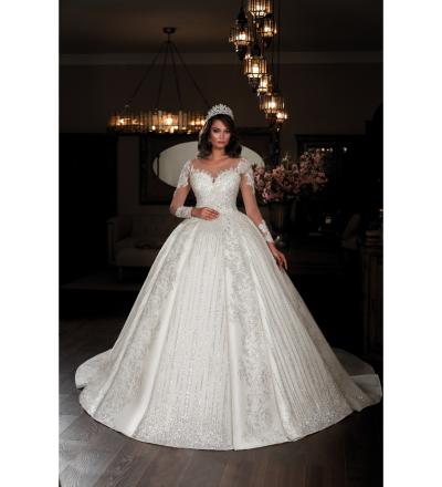 İllüzyon Yaka Uzun Kollu Prenses Gelinlik