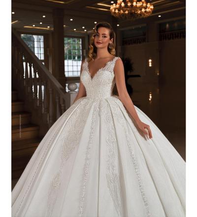 Kalın Kol Askılı V Yaka Prenses Gelinlik