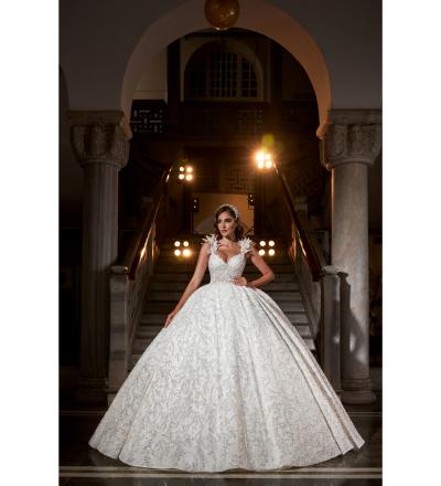 Kedi Kulağı Kalın Askı Detaylı Pileli Prenses Kasnak Gelinlik