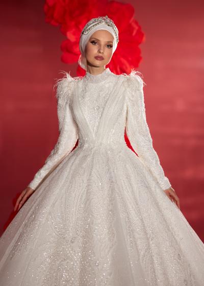 Tesettürlu Drape Detaylı Komple İşlemeli Gelinlik Modeli Model 019