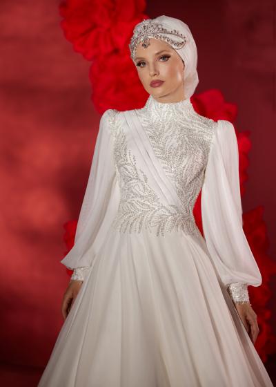 Tesettür Ballon Kollu Dantel İşlemeli Gelinlik Modeli Model 059