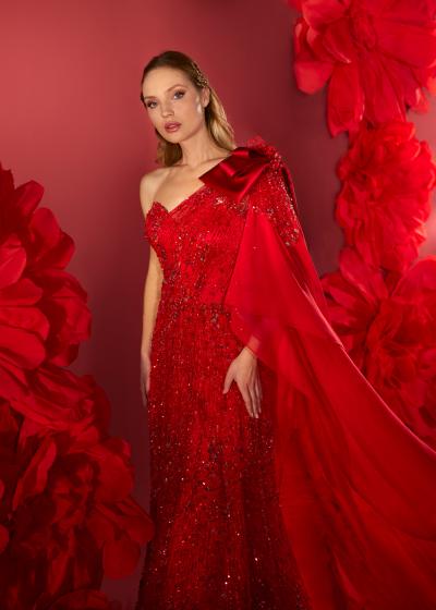 Tek Omuz Pelerin Detaylı İşlemeli Kınalık Nişanlık Abiye Model Model 073