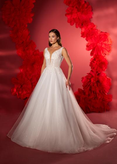 V Yakak V Sırt A Kesim Simli Tül Etek Gelinlik  Model 090