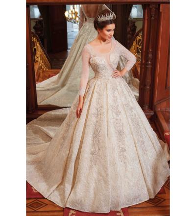 Transparan Bedenli Kasnak Dantel İşlemeli Prenses Gelinlik